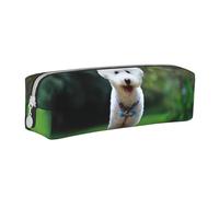 YWSOTRE Bichon Frise Bokeh Animali Cani Parco Cani bianchi, Astuccio per matite Astuccio per penne Astuccio per matite in pelle portatile con astuccio cosmetico con cerniera