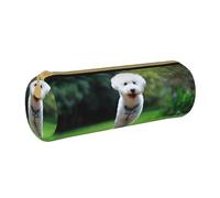 YWSOTRE Bichon Frise Bokeh Animali Cani Parco Cani bianchi, Astuccio portapenne cilindrico Astuccio portapenne in pelle portatile con astuccio cosmetico con cerniera