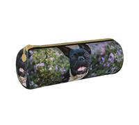 YWSOTRE Bulldog francese si trova nel design dei fiori, Astuccio portapenne cilindrico Astuccio portapenne in pelle portatile con astuccio cosmetico con cerniera