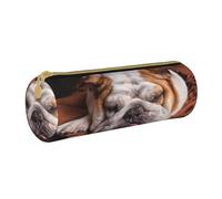 YWSOTRE Bulldog inglese muso animali domestici cani che dormono, Astuccio portapenne cilindrico Astuccio portapenne in pelle portatile con astuccio cosmetico con cerniera