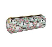 YWSOTRE Carino Biewer Terrier cani rosa fiore floreale, Astuccio portapenne cilindrico Astuccio portapenne in pelle portatile con astuccio cosmetico con cerniera