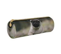 YWSOTRE Carlino Bokeh Cucciolo Cani Prato Animali Carlino, Astuccio portapenne cilindrico Astuccio portapenne in pelle portatile con astuccio cosmetico con cerniera