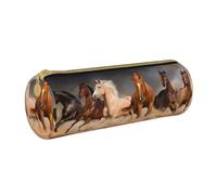 YWSOTRE Cavalli marroni al galoppo nel deserto stampati, Astuccio portapenne cilindrico Astuccio portapenne in pelle portatile con astuccio cosmetico con cerniera