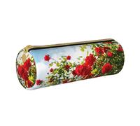YWSOTRE Cespuglio di rose rosse stampato, Astuccio portapenne cilindrico Astuccio portapenne in pelle portatile con astuccio cosmetico con cerniera
