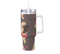 YWSOTRE Cucciolo di carlino dei cartoni animati con gli occhiali e il papillon,Tazza Ice Bully da 40 oz con manico, in acciaio inossidabile, con borraccia