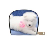 YWSOTRE Cucciolo Di Samoiedo Cucciolo Di Cani Bianchi Con Fiocco Peloso, Custodia per carte in pelle PU Elegante porta carte di credito Porta carte di credito