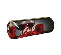 YWSOTRE Decorazione per amanti romantici di rose rosse e vino, Astuccio portapenne cilindrico Astuccio portapenne in pelle portatile con astuccio cosmetico con cerniera