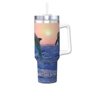 YWSOTRE Delfino tursiope all'alba,Tazza Ice Bully da 40 oz con manico, in acciaio inossidabile, con borraccia