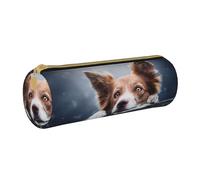 YWSOTRE Dio Brown Border Collie Bokeh Con Gli Occhi Gialli, Astuccio portapenne cilindrico Astuccio portapenne in pelle portatile con astuccio cosmetico con cerniera