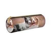 YWSOTRE Due pastori australiani Border Collie, Astuccio portapenne cilindrico Astuccio portapenne in pelle portatile con astuccio cosmetico con cerniera