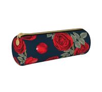 YWSOTRE Fiori di rose rosse, Astuccio portapenne cilindrico Astuccio portapenne in pelle portatile con astuccio cosmetico con cerniera