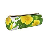 YWSOTRE Fiori Gialli Nel Cespuglio Verde, Astuccio portapenne cilindrico Astuccio portapenne in pelle portatile con astuccio cosmetico con cerniera
