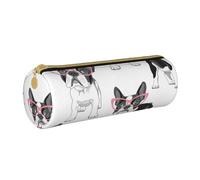 YWSOTRE Frenchie nero Cartoon Bulldog francese Occhiali rosa Cane bianco, Astuccio portapenne cilindrico Astuccio portapenne in pelle portatile con astuccio cosmetico con cerniera