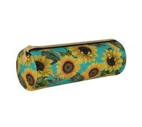 YWSOTRE Girasoli D'epoca Su Verde Acqua, Astuccio portapenne cilindrico Astuccio portapenne in pelle portatile con astuccio cosmetico con cerniera