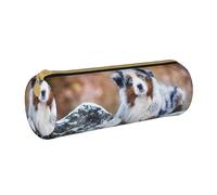 YWSOTRE Pastore australiano neve inverno bellissimi cani, Astuccio portapenne cilindrico Astuccio portapenne in pelle portatile con astuccio cosmetico con cerniera