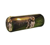 YWSOTRE Schnauzer Sunset Cani Animali domestici Montagne Schnauzer, Astuccio portapenne cilindrico Astuccio portapenne in pelle portatile con astuccio cosmetico con cerniera