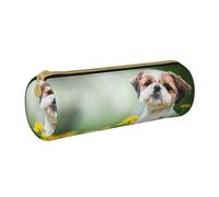 YWSOTRE Shih Tzu Piccoli Cani Carini Cucciolo Riccio Animali Campo, Astuccio portapenne cilindrico Astuccio portapenne in pelle portatile con astuccio cosmetico con cerniera