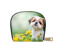 YWSOTRE Shih Tzu Piccoli Cani Carini Cucciolo Riccio Animali Campo, Custodia per carte in pelle PU Elegante porta carte di credito Porta carte di credito