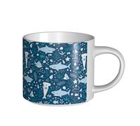 YWSOTRE Squalo sorridente Animali marini Pesci Stelle marine Blu, Tazza in ceramica di grande capacità, tazza da tè, tazza da caffè 450 ml