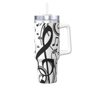 YWSOTRE Stampa di note musicali nere,Tazza Ice Bully da 40 oz con manico, in acciaio inossidabile, con borraccia