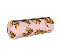 YWSOTRE Tigri Carini Animali Da Circo Su Sfondo Rosa, Astuccio portapenne cilindrico Astuccio portapenne in pelle portatile con astuccio cosmetico con cerniera