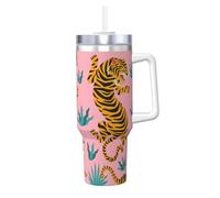 YWSOTRE Tigri che ballano su una stampa animalier rosa, asiatica, oro, arancione e nera,Tazza Ice Bully da 40 oz con manico, in acciaio inossidabile, con borraccia
