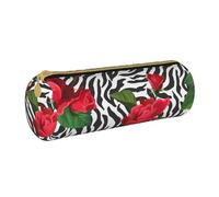 YWSOTRE Zebra animale fiore rosso, Astuccio portapenne cilindrico Astuccio portapenne in pelle portatile con astuccio cosmetico con cerniera