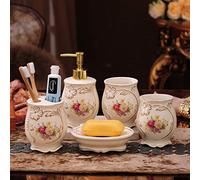 YWXG Stile Europeo Ceramica Semplice Tuta da Bagno 5 Pezzi Set di Accessori per Il Bagno Tazza spazzolino Set di Accessori da Bagno Completo Portaspazzolini Dispenser per Sapone Portasapone Rinse Cup