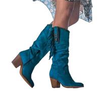 YXADGML Camperos Texani Donna Stivali Alti da Donna, Stile retrò, con Fibbia in Metallo, Punta affilata, Tacco Spesso, Nappe, Stivali da Cowboy Occidentali, Scarpe da Donna(Blue,42)