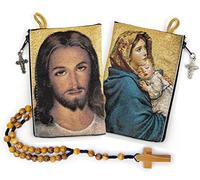 YXBZKGDCNG Rosario con sacchetto in legno di ulivo, rosario cattolico in corda da Israele, Gesù re dell'universo e I Believe in God Preghiera in tessuto tessuto arazzo stile icona borsa da viaggio