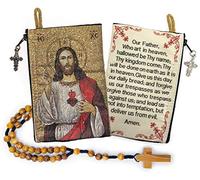 YXBZKGDCNG Rosario con sacchetto in legno di ulivo, rosario cattolico in corda da Israele, Gesù re dell'universo e I Believe in God Preghiera in tessuto tessuto arazzo stile icona borsa da viaggio