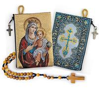 YXBZKGDCNG Rosario con sacchetto in legno di ulivo, rosario cattolico in corda da Israele, Gesù re dell'universo e I Believe in God Preghiera in tessuto tessuto arazzo stile icona borsa da viaggio