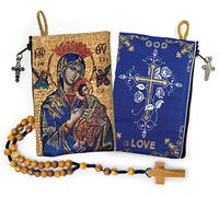 YXBZKGDCNG Rosario con sacchetto in legno di ulivo, rosario cattolico in corda da Israele, Gesù re dell'universo e I Believe in God Preghiera in tessuto tessuto arazzo stile icona borsa da viaggio