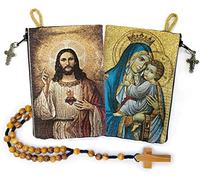 YXBZKGDCNG Rosario con sacchetto in legno di ulivo, rosario cattolico in corda da Israele, Gesù re dell'universo e I Believe in God Preghiera in tessuto tessuto arazzo stile icona borsa da viaggio