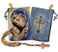 YXBZKGDCNG Rosario con sacchetto in legno di ulivo, rosario cattolico in corda da Israele, Gesù re dell'universo e I Believe in God Preghiera in tessuto tessuto arazzo stile icona borsa da viaggio