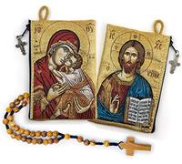 YXBZKGDCNG Rosario con sacchetto in legno di ulivo, rosario cattolico in corda da Israele, Gesù re dell'universo e I Believe in God Preghiera in tessuto tessuto arazzo stile icona borsa da viaggio