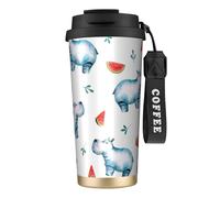 YXDVPALNE Acquerello carino ippopotamo anguria,Tazza da caffè in acciaio inossidabile 316 con cordino, bicchiere termico da viaggio per auto, 500 ml