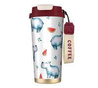 YXDVPALNE Acquerello carino ippopotamo anguria,Tazza da caffè in acciaio inossidabile 316 con cordino, bicchiere termico da viaggio per auto, 500 ml