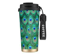 YXDVPALNE Adorabile pavone verde,Tazza da caffè in acciaio inossidabile 316 con cordino, bicchiere termico da viaggio per auto, 500 ml