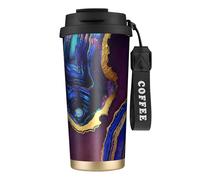 YXDVPALNE Agata astratta viola, blu, oro,Tazza da caffè in acciaio inossidabile 316 con cordino, bicchiere termico da viaggio per auto, 500 ml
