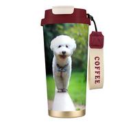 YXDVPALNE Bichon Frise Bokeh Animali Domestici Cani Parco Cani Bianchi,Tazza da caffè in acciaio inossidabile 316 con cordino, bicchiere termico da viaggio per auto, 500 ml