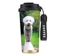 YXDVPALNE Bichon Frise Bokeh Animali Domestici Cani Parco Cani Bianchi,Tazza da caffè in acciaio inossidabile 316 con cordino, bicchiere termico da viaggio per auto, 500 ml