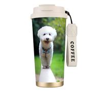YXDVPALNE Bichon Frise Bokeh Animali Domestici Cani Parco Cani Bianchi,Tazza da caffè in acciaio inossidabile 316 con cordino, bicchiere termico da viaggio per auto, 500 ml