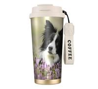 YXDVPALNE Border Collie Lawn Border Collie Nero Animali domestici,Tazza da caffè in acciaio inossidabile 316 con cordino, bicchiere termico da viaggio per auto, 500 ml