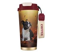 YXDVPALNE Boston Terrier Autunno Bokeh Cani Cani,Tazza da caffè in acciaio inossidabile 316 con cordino, bicchiere termico da viaggio per auto, 500 ml