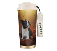 YXDVPALNE Boston Terrier Autunno Bokeh Cani Cani,Tazza da caffè in acciaio inossidabile 316 con cordino, bicchiere termico da viaggio per auto, 500 ml