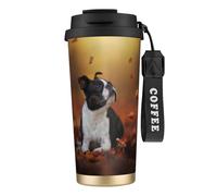 YXDVPALNE Boston Terrier Autunno Bokeh Cani Cani,Tazza da caffè in acciaio inossidabile 316 con cordino, bicchiere termico da viaggio per auto, 500 ml