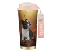 YXDVPALNE Boston Terrier Autunno Bokeh Cani Cani,Tazza da caffè in acciaio inossidabile 316 con cordino, bicchiere termico da viaggio per auto, 500 ml