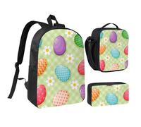 YXDVPALNE Buona Pasqua Uova di Pasqua colorate,Zaino per studenti, borsa per il pranzo, astuccio portapenne, set da 3 pezzi