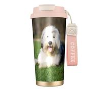 YXDVPALNE Cane da pastore inglese antico,Tazza da caffè in acciaio inossidabile 316 con cordino, bicchiere termico da viaggio per auto, 500 ml